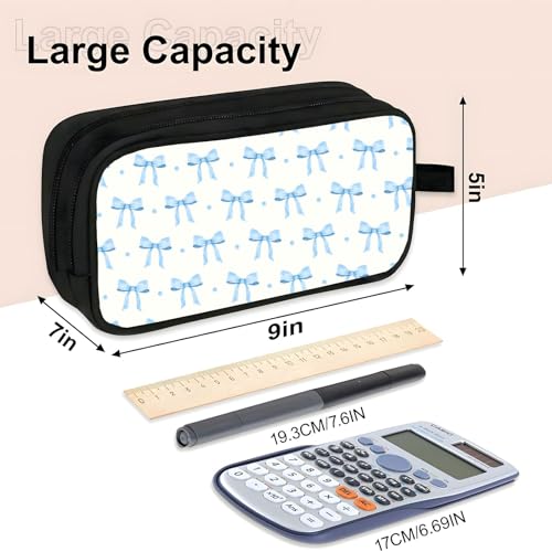 Image of WOBAGMEN Double Layer Pencil Case with Handle Large Pencil Bag Cute Print Pencil Pouch for Boys Girls (Blue Bow Polka Dots)