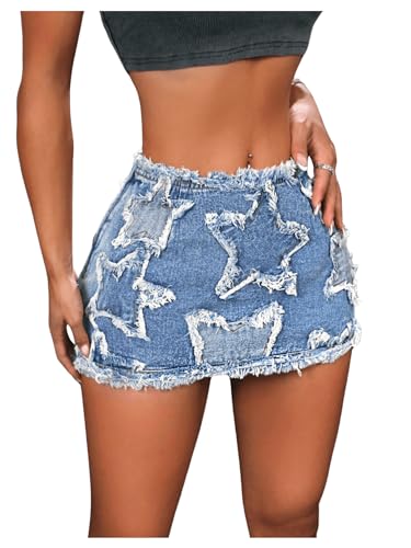 WDIRARA Women's Star Pattern Ripped Raw Hem Bodycon Pencil Skirts Slim Fit Y2K Cheeky Denim Hip Skirt