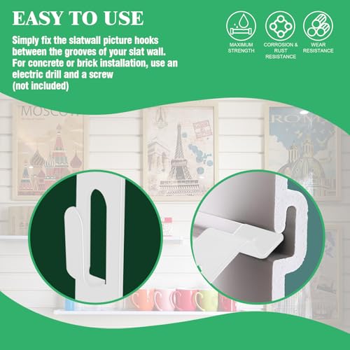 Image of 60Pcs Slatwall Utility Notch Hook Metal Slat Wall Display Hangers Picture Hook Slatwall Accessories for Photo Frame Painting Artworks Panel Pegboard Slat Grid Shelf Hanging Display (White)