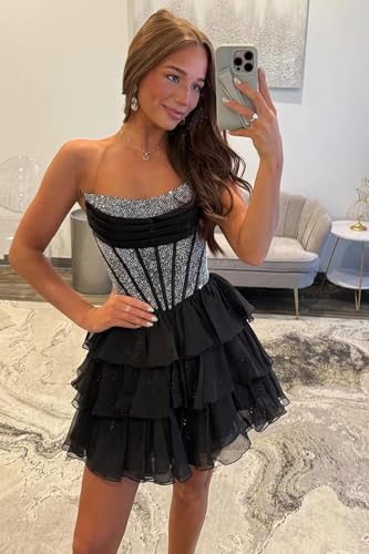 Sparkly Sequin Homecoming Dresses for Teens 2025 Strapless Ruffles Tiered Chiffon Corset A Line Short Prom Dress3