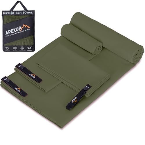 APEXUP Microfiber Travel Towel, Ultra Absorbent Quick Dry Towels, Lightweight Gym Sports Camping Towel for Workout, Yoga, Beach, Shower, Swimming (Combo, Army Green)