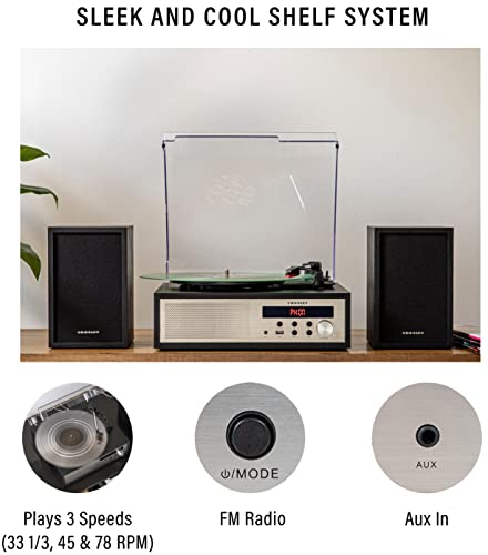Crosley CR7022A-BK Sloane 3-Speed Bluetooth Turntable and FM Radio Shelf System with Matching Stereo Speakers, Black - Les Beatles, Paul McCartney, John Lennon, RIngo Starr, George Harrison Crosley CR7022A-BK Sloane 3-Speed Bluetooth Turntable and FM Radio Shelf System with Matching Stereo Speakers, Black – Image 3
