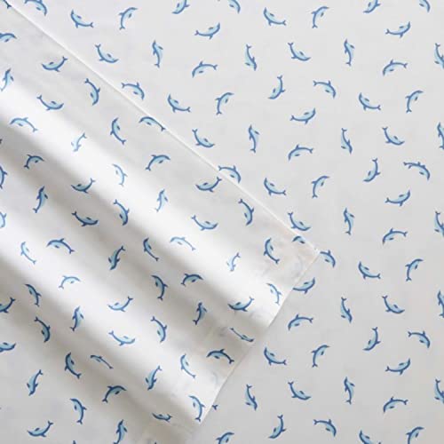 Image of Poppy & Fritz - Full Size Sheet Set, 100% Long-Staple Percale Cotton Bedding, Crisp & Cool, Deep Pockets, Bed Sheets with Matching Fitted Sheet & Pillowcase (Dolphins Blue)