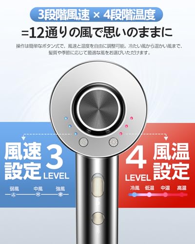 ドライヤー 【2025超高速&大風量モデル ヘアドライヤー】 高速ドライヤー 最大風速50m/s 速乾 1300W 低騒音 軽量 高濃度マイナスイオン 静電気抑制 NTC温度制御 過熱防止 美髪ケア PSE認証済み マグネットノズル・取扱説明書付き 家庭用/旅行用（グレー） [2]
