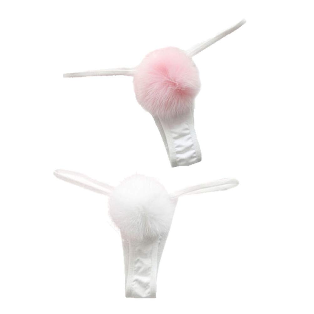 ADESUGATA Womens Thong Pantie Cute Rabbit Tail Low Waist G-String Fur Ball Solid Bikini T-Back Cosplay Bunny Girl Underwear: One Size White,pink