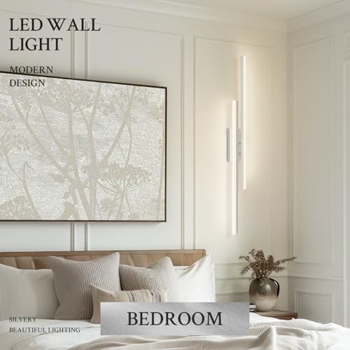 Image of LED Wall Sconce Silver Modern Remote Wall Light Fixtures for Living Room, Dimmable LED Vanity Light Indoor Remote Wall Sconce for Bedside Bedroom Bathroom Dining Room, L39.4inch 1 Pack