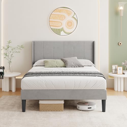 Vesgantti Velvet Single Bed Frame with Adjustable Wing Edge Headboard, Solid Wooden Slats & Upholstered Platform, Easy Assembly, Under Bed Storage, Noise-Free, 3FT Single Bed, 90 x 190 cm, Light Grey