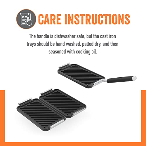 Yukon Glory™ Sear 'N Serve Cast Iron Grill Pan Set Includes 3 Cast Iron Grilling Baskets & Clip-On Handle - Cast Iron Grill Pans For Stove Tops Or Outdoor Grills Leave Professional Sear Marks #TOP6