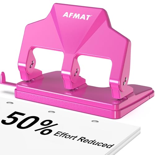 Image of AFMAT 3 Hole Punch Heavy Duty, 40-Sheet Three Hole Punch, 50% Reduced Effort, 3 Hole Puncher for Binder w /Large Chip Tray, 9 /32 inch Holes Diameter, Metal Paper Puncher for Home /Office /School, HP14(Pink)