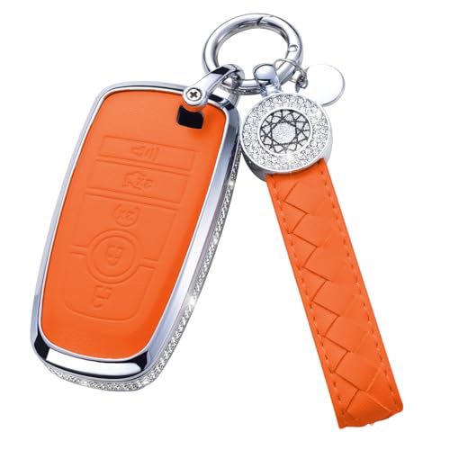 XUPEIXUN for Ford Key Fob Cover with Keychain Orange Leather Rhinestone Key Case Protection Shell Compatible with Fusion F150 F250 F350 F450 F550 Edge Explorer Bling Car Accessories