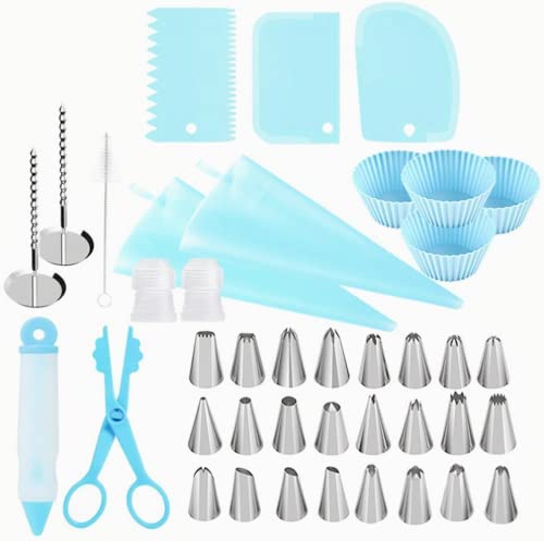 40PCS Piping Tips Cake Decorating Supplies Kits - 24 Baking Supplies Icing Tips, 2 Piping Bags, 2 Coupler, 2 Flower Nail, 3 Icing Smoother, 4 Cake Cups, 1 Flower Lifter, 1 Cake Pen and Cleaning Brush