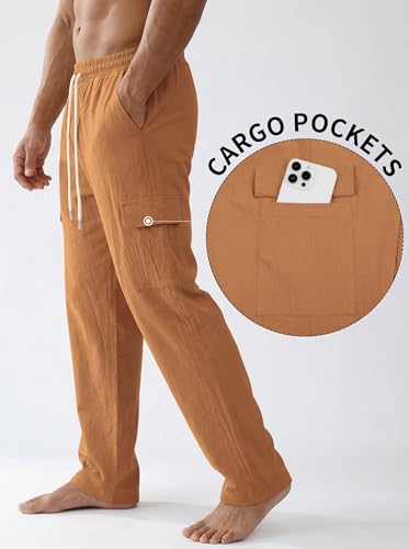 Image of Men's Linen Pants Casual Cargo Pants with Pockets Lightweight Elastic Waist Drawstring Pants Baggy Beach Pants
