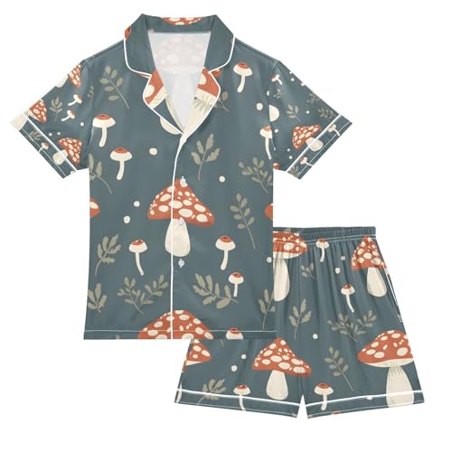 senya Mushroom and Grass 1 Satin Summer Pajama Sets Silk Short Sleeve Button Down Sleepwear