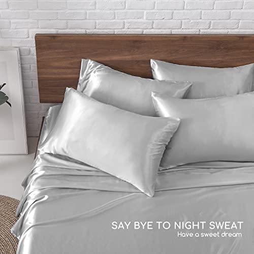 Image of MR&HM Satin Bed Sheets, King Size Sheets Set, 6 Pcs Silky Bedding Set with 15 Inches Deep Pocket for Mattress (King, Silver Grey)