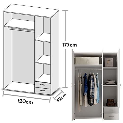 Stella Trading BASE Zeitloser Kleiderschrank in drei verschiedenen Größen - Vielseitiger Drehtürenschrank in Weiß - 120 x 177 x 52 cm (B/H/T)