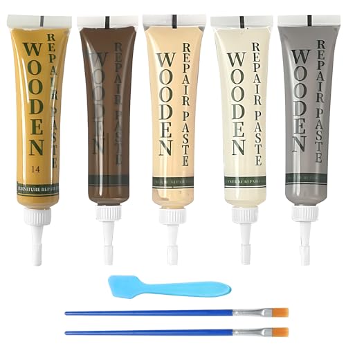 Laminat Reparaturset, Holz Reparaturset, 5 Farben Holzmöbel-Reparaturset,mit Rührstab und Nylonpinsel, zum Ausbessern von Kratzern und Rissen an Holzschränken, Böden, Türen und Tischplatten
