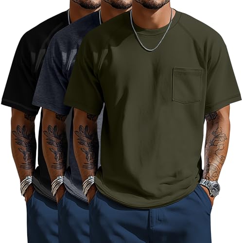 Neer 3 Pack Big and Tall Shirts for Men with Pocket XL-5XL Plus Size Crew Neck Raglan Short Sleeve Summer Casual T Shirts Tee(Army Green, Dark Gray, Black,5XL)