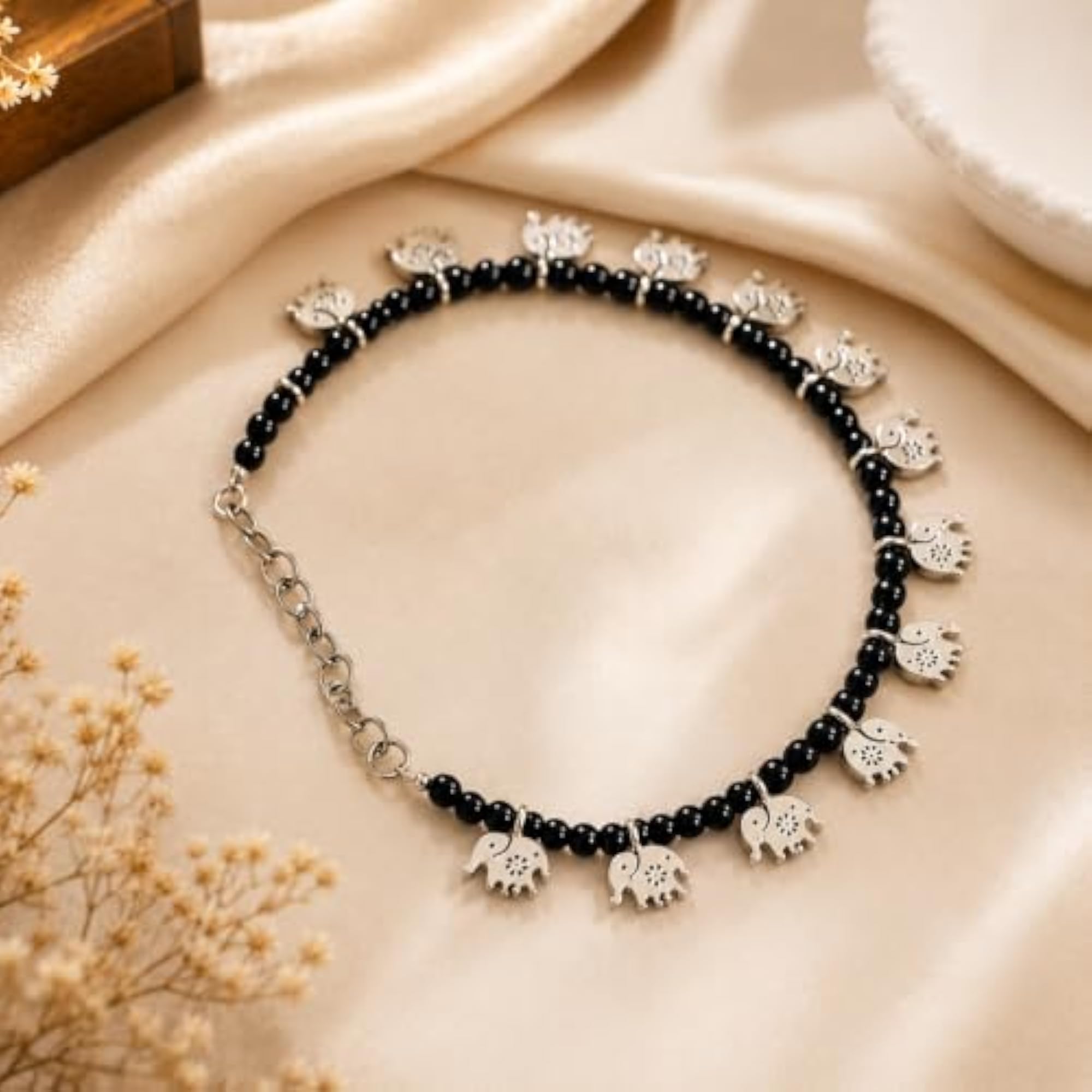 Women's Black Bead Anklet with Silver Elephant Charms