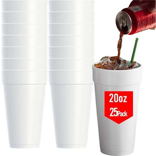 Mr Miracle 20 oz Styrofoam Cups Disposable Foam Cups (25 Pack) Insulated White Styrofoam Coffee Cups for Hot & Cold Drinks Comparable to Industry 20J16 Standard Foam Cups Made in USA