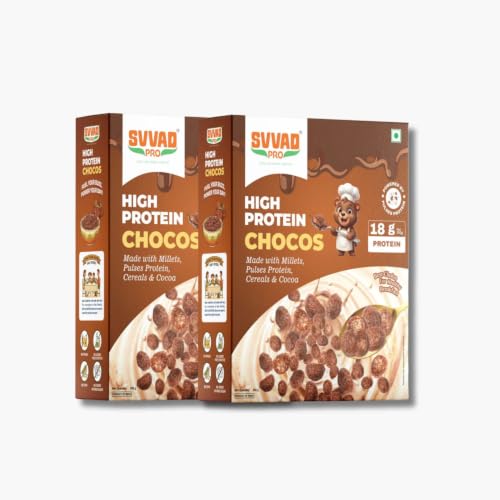 Image of SVVAD PRO High Protein Chocos Cereal | Made with Millets, Cocoa & Pulses Protein | 18g Protein per 100g | Healthy Breakfast Snacks for Kids & Adults | Gluten-Free, No Maida Crunchy Choco Bites, 350g (Pack Of 2)