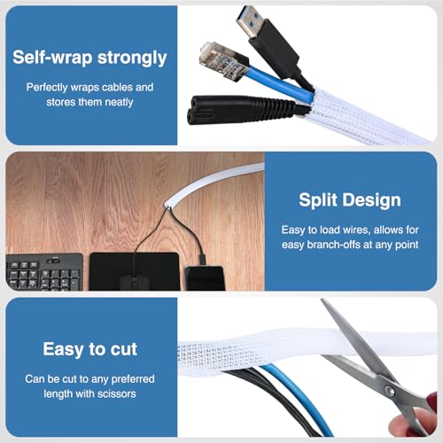 Image of Nilight Cable Sleeve, 10ft-1 /2inch Cord Management Sleeves White Wire Loom | Braided Sleeving, Split Self Wrapping Wire Loom for Computer Electrical Automotive Harness Protector Organizer, White