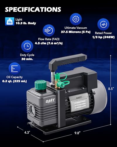 Image of Orion Motor Tech Vacuum Pump, 4.5 cfm 1 /3 hp HVAC Single Stage Vacuum Pump for R12 R22 R134a R410a R502, Auto AC Vacuum Pump Kit for Automotive Air Conditioner Resin Degassing & More, Oil Included