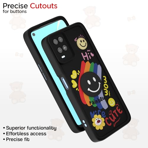 Image of Pikkme Back Cover for Oppo A54 | Soft Silicone| Cute Rainbow Smile & 3D Cartoon Flower Design | Shockproof Raised Camera Protection Bumper Case (Black)
