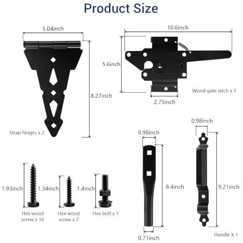Image of HOME MASTER HARDWARE Wood Gate Hardware Set-Heavy Duty 8 inch Decorative Strap Hinges and Spring Loaded Latch Gate Kit with Screws for Outdoor Fence Swing Gate Black Finish (Pack of 2)