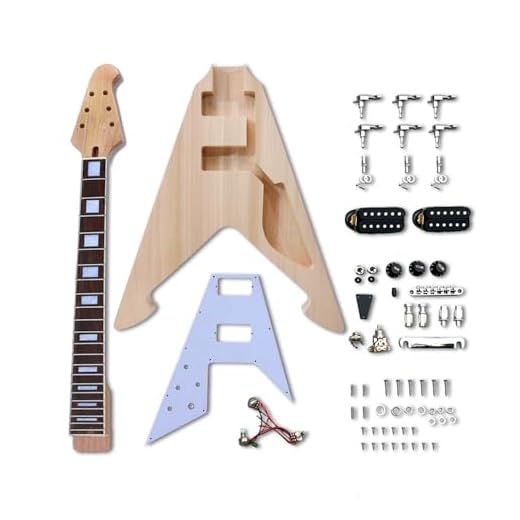 WUQIMUSC Kit de guitarra eléctrica Flying V de madera maciza de caoba cuerpo y mástil construido por sí solo, todos los componentes incluidos