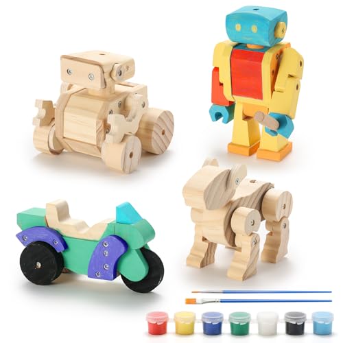 SainSmart Jr. Woodworking Building Kits for Kids 4-in-1 Wood Building Kits for Kids STEM Projects Set DIY Arts & Crafts Assembly Toys with Paints & Brushes Ideal Gift for Boys and Girls
