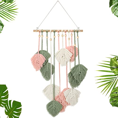 Oudain Large Macrame Wall Hanging Leaves Boho Green Leaf Macrame Tapestry Decor Leaf Feather Woven Hanging Wall Art Bohemian Decoration for Bedroom Living Room Nursery 16.5 x 35.4 Inch(Pink)