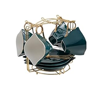 Tea Cup Set Rhombus Tea Cup Set with Spoon Porcelain Cappuccino Cups with Saucers Metal Stand (4 pcs) (Green 4 pcs)