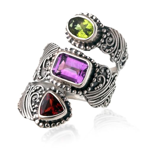 NOVICA Handmade Multi-Gemstone Wrap Ring in Sterling Silver - Elegant and Wide Wrap Ring for Women with Multiple Gemstones Elegant Trinity