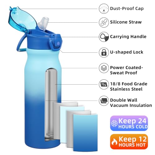 Image of BJPKPK 25 oz Insulated Water Bottle, Straw, Handle, Stainless Steel Flask | Leak Proof Locking Lid, Thermal, Double Wall Vacuum, Keeps Hot /Cold, BPA Free, Dishwasher Safe, Travel & Sports, Sky
