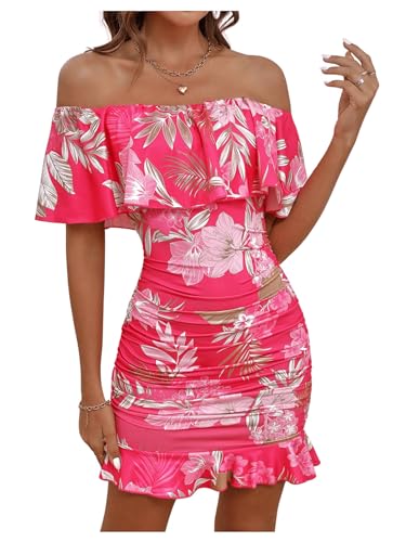 Floerns Women's Off Shoulder Ruffle Trim Short Sleeve Tropical Print Bodycon Dress