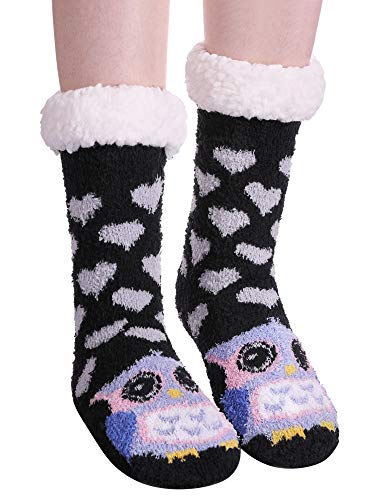 Womens Sherpa Winter Fleece Lining Knit Animal Socks Non Slip Warm Fuzzy Cozy Slipper Socks (Owl)