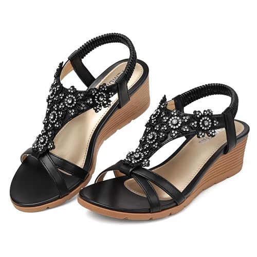 TEMOFON Women's Low Wedge Heels Summer Dressy Platform Sandals Elastic Ankle Strap Open Toe Flower Shoes Black Size 8