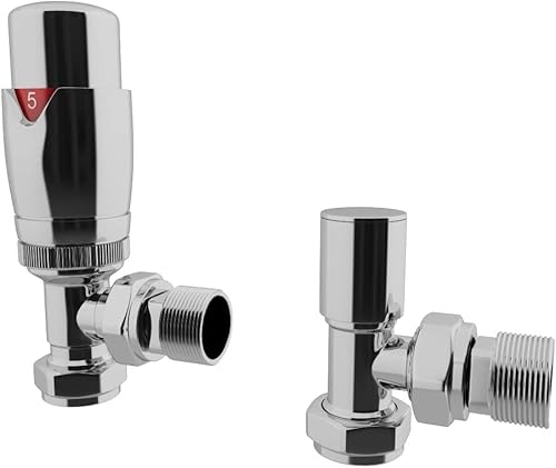 HB Signature Thermostatic TRV Brass Chrome Radiator Valves + Lockshield 1/2" x 15mm Pack Angled