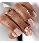 24 Pcs Nude Press on Nails Short Square Fake Nails,Glossy Glue on Nails Full Cover False Nails wi...