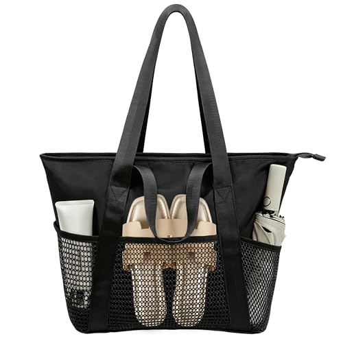 beifon Strandtasche XXL Familie mit Reißverschluss Strandtasche Damen Große Wasserdicht Faltbar Mesh Badetasche Beach Tote Bag Strand Tasche Shopper für Strand Reisen Urlaub (Schwarz M)