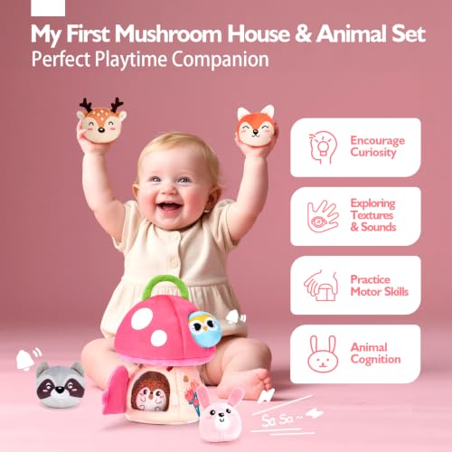 Image of hahaland Baby Toys 6-12 Months - 6 7 8 9 10 Month Old Girl Montessori Toys | My First Mushroom House with Stuffed Jungle Animals, Rattle, Crinkle Paper, Mirror, Sensory Toy Baby Girl Gifts