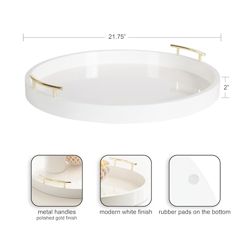 Kate And Laurel Lipton Modern Round Ottoman Tray; 22 Inch Diameter; White and Gold; Decorative Circle Coffee Table Tray for Living Room Decor or Large Serving Tray - Image 4