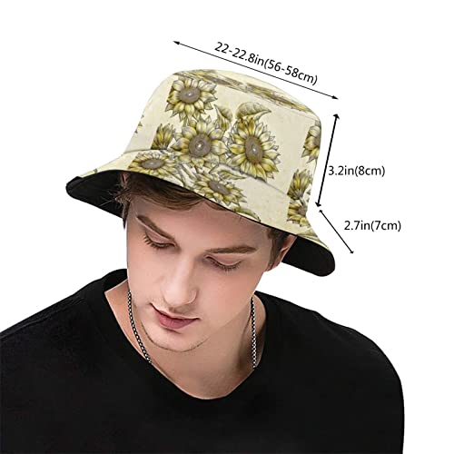 Elasonn BASEBALLCAP#GYI1398 Vintage Woodcut Style Sunflowers Pattern Summer Casual Bucket Hats Fashion Sun Cap Packable Outdoor Fisherman Hat thumb #2