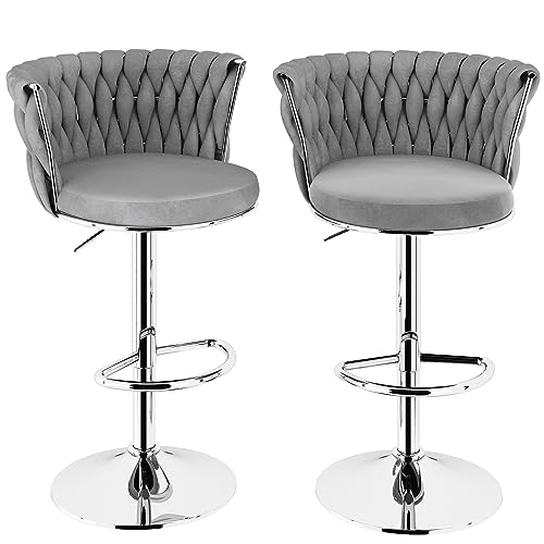 Image of Lamerge Velvet Bar Stools Set of 2,Modern Swivel Bar Chairs Kitchen Counter Bar Stool,Adjustable Barstools Counter Height with High Backrest,Upholstered Kitchen Island Chairs,Grey