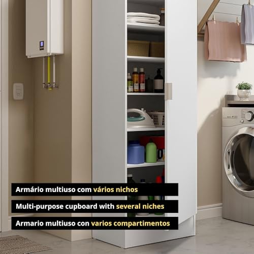 Image of Madesa Storage Cabinet, 1 Door, 5 Utility Shelves, Wooden Organisation Unit, White, 60 cm Width, for Bedroom Office, Laundry Room, Kitchen, Garage