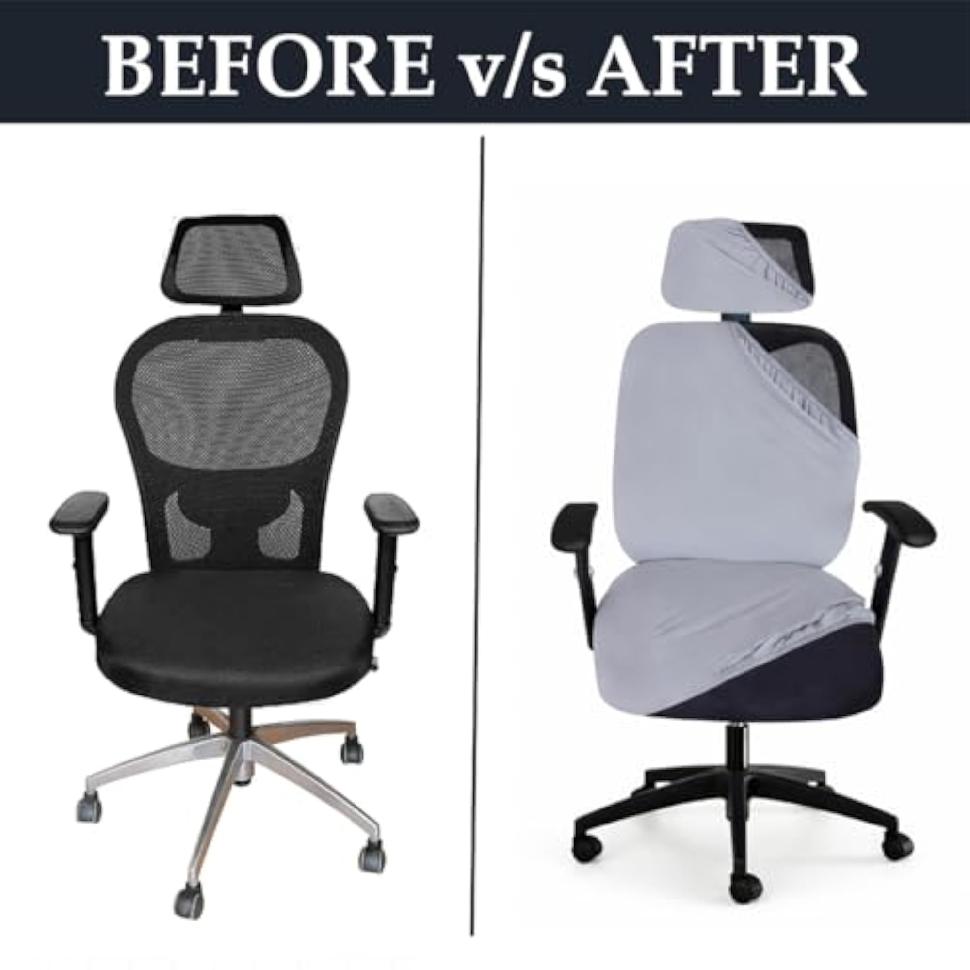 Stretchable Grey Office Chair Cover Set with Headrest & Armrest Covers
