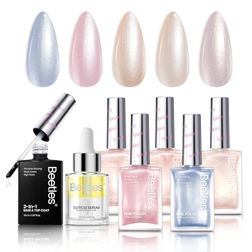 Beetles Pearl Nail Polish Set 7Pcs, Nude Pink Frosty Blue Beige Quick-drying Nail Polish Kit, with 2 IN 1 Base & Top Coat and Cuticle Serum 20ml All-in-One Care Nails Gift Sets