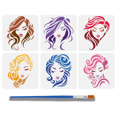 FINGERINSPIRE 6Pcs Pochoirs de Coiffure pour Dames pour la Peinture Avec Pinceau 15x15cm Pochoir Réutilisable pour les Traits Du Visage Pochoir pour les Beaux...