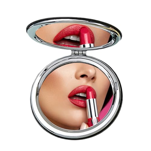 Tragbarer Taschenspiegel Mini, 8cm Zweiseitiger Schminkspiegel, Zweiseitiger Schminkspiegel, Kleine Kosmetikspiegel, Handspiegel Reisespiegel Vergrößerung Makeup Spiegel für Damen, Rund (Schwarz)