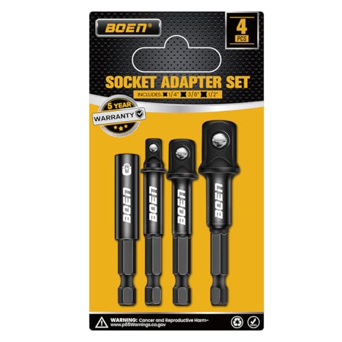 BOEN Impact Socket Adapter & Magnetic Bit Holder | 4 Pieces of 1/4-Inch Hex Shank Extension to 1/4', 3/8', and 1/2' Drive